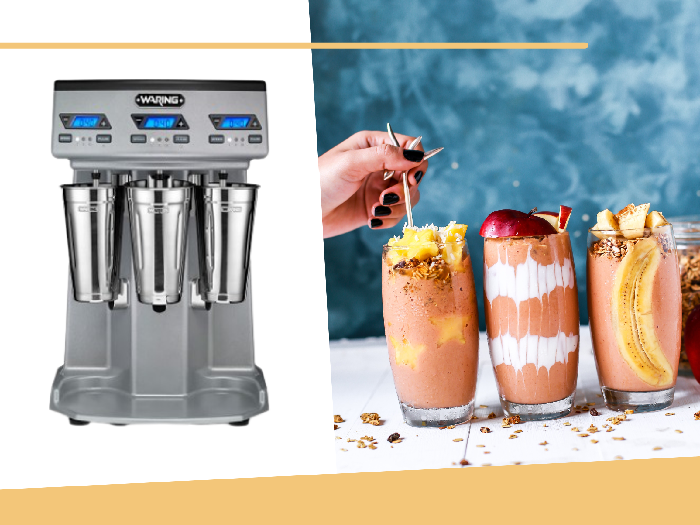 A Waring drink mixer from JES Restaurant Equipment placed alongside a photo of fruity mixed drinks.