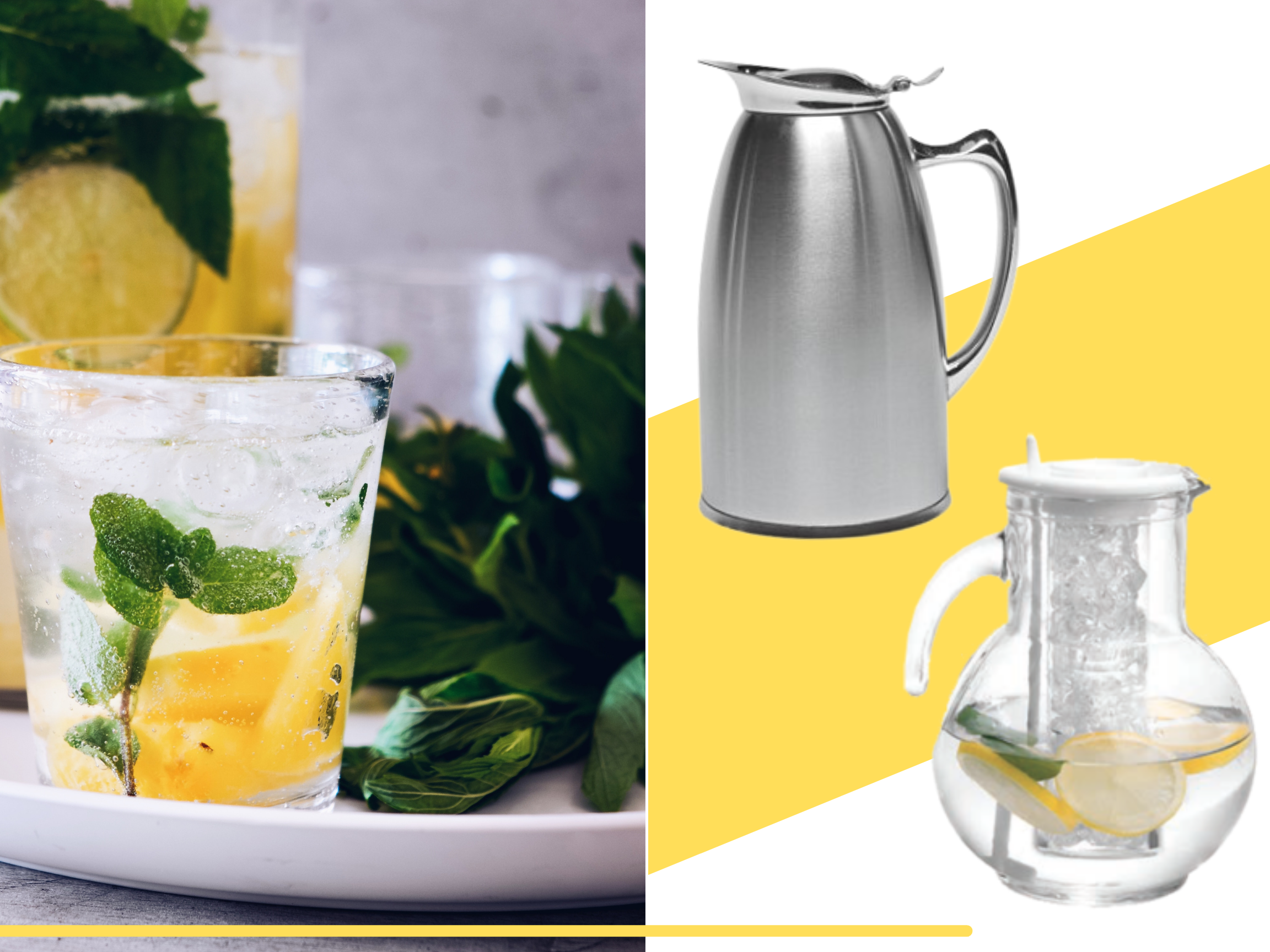 Two pitchers with lids from JES Restaurant Equipment tabletop products page, alongside a delicious mint julep drink.