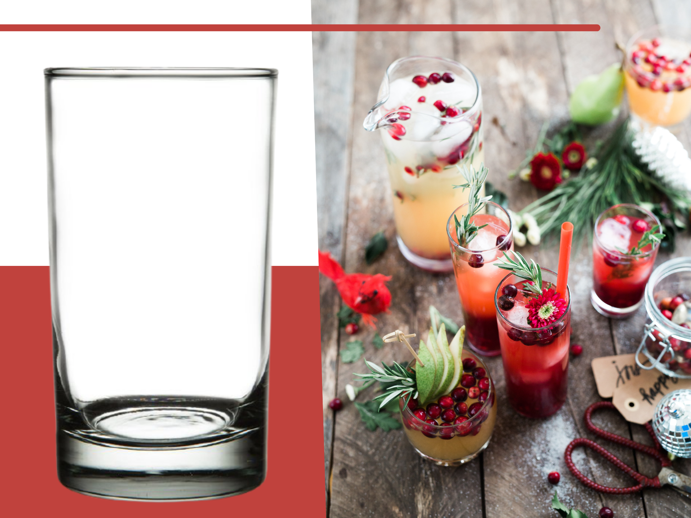 A Libbey 2359 Lexington Beverage Glass displayed beside healthy, festive drinks. 