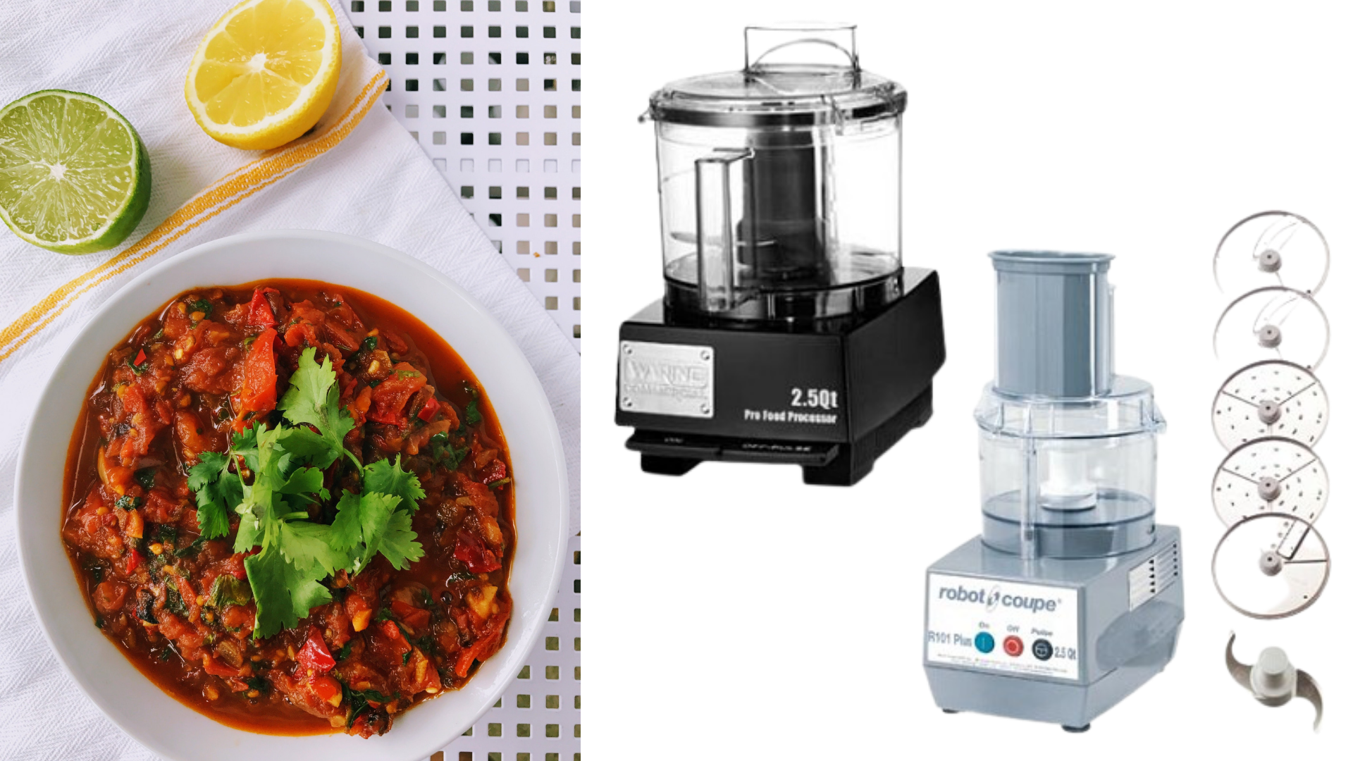 A bowl of salsa alongside two images of food processors, the right one is a combination food processor. 