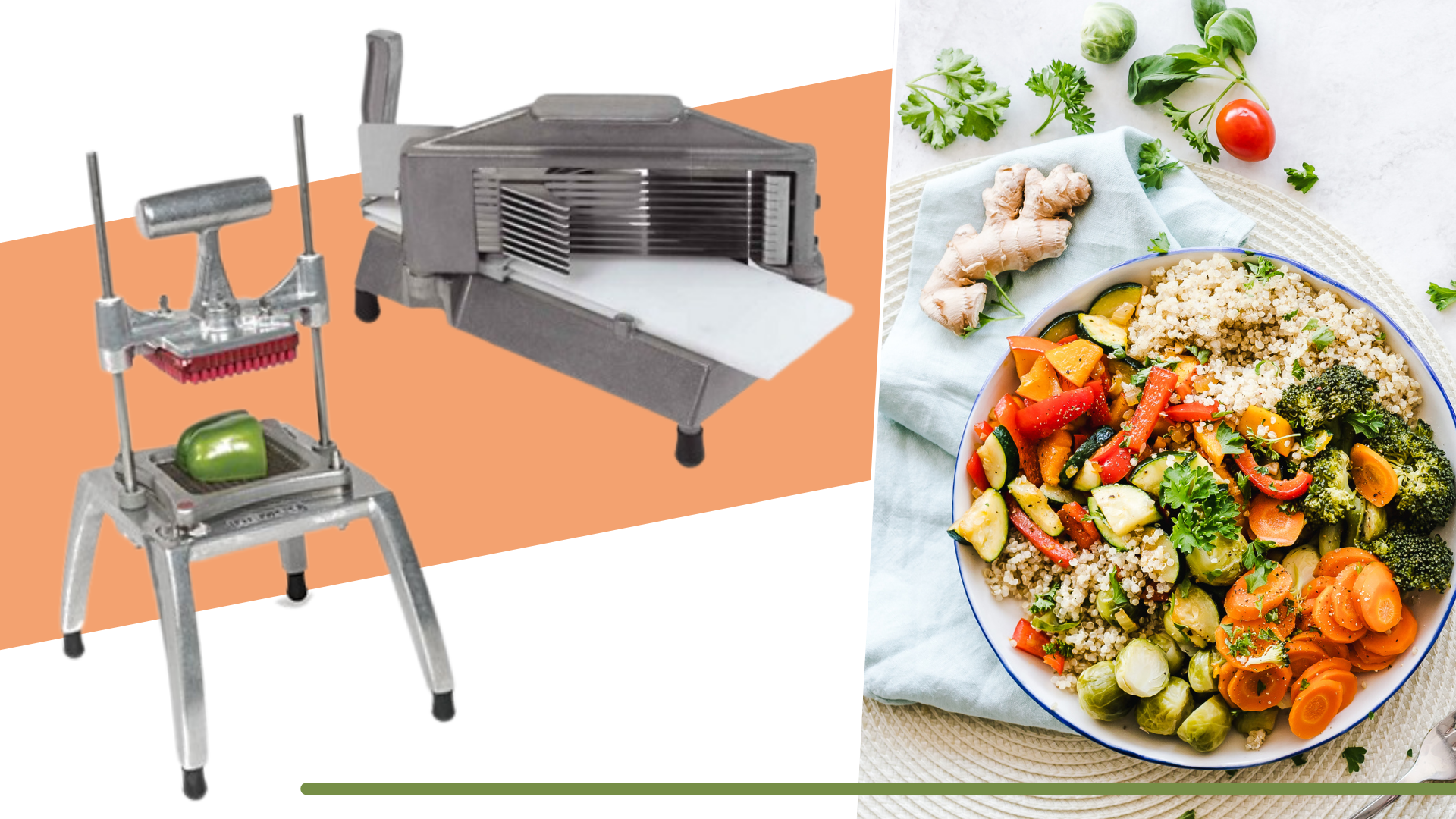 A Fruit & vegetable dicer and tomato slicer displayed alongside a photo of a salad topped with freshly cut vegetables.
