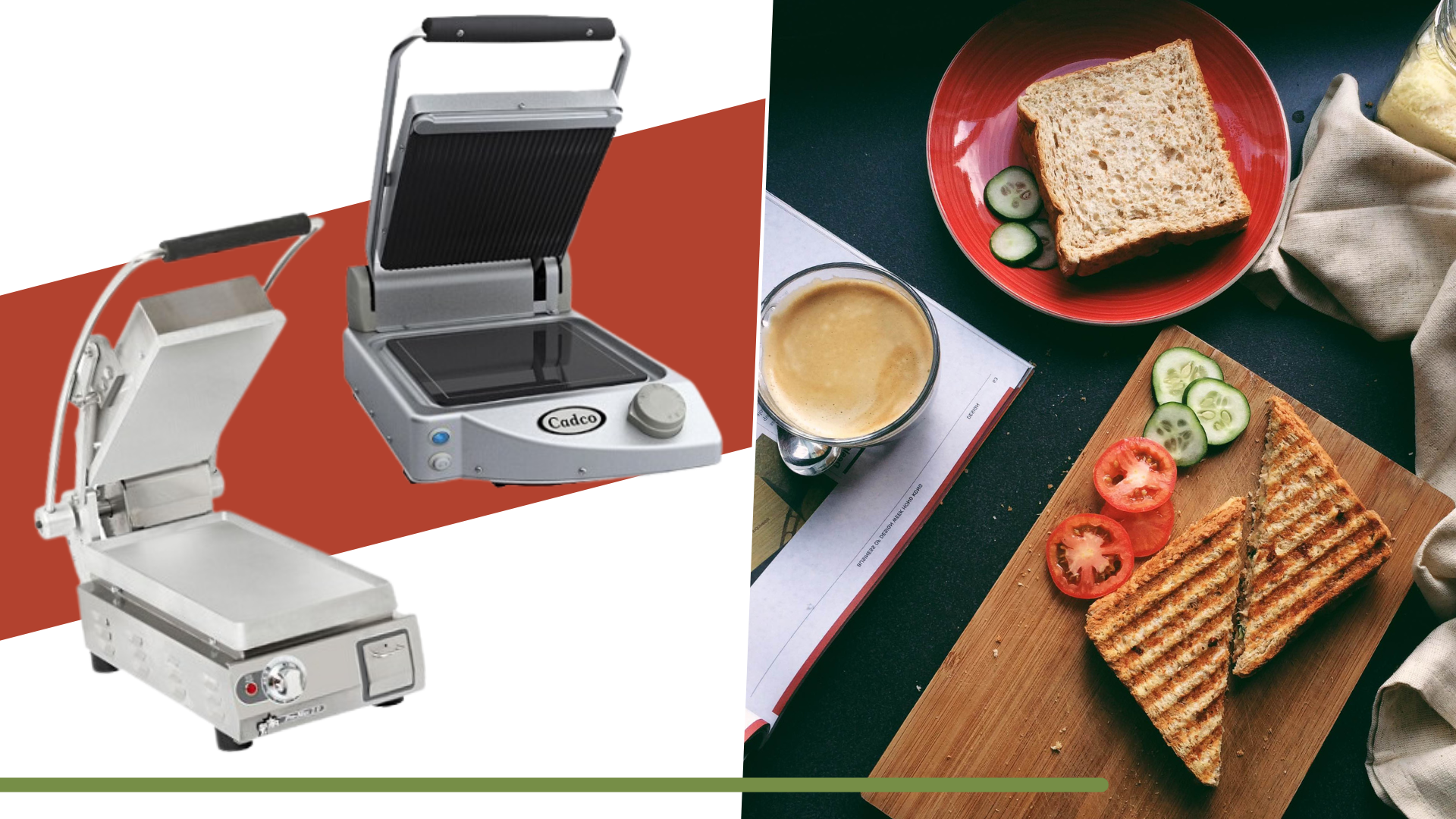 A Star Sandwich Grill and a Cadco panini grill on display alongside a photo of a perfectly grilled sandwich. 