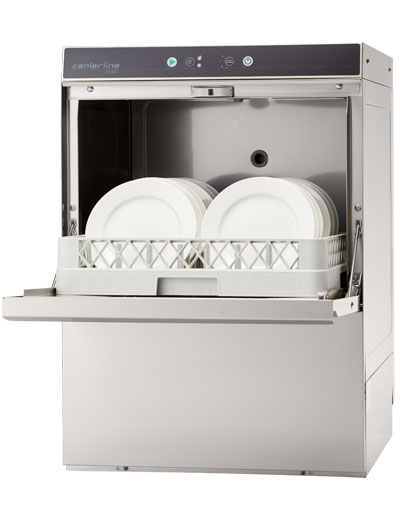 undercounter dishwasher with door open showing dishes inside
