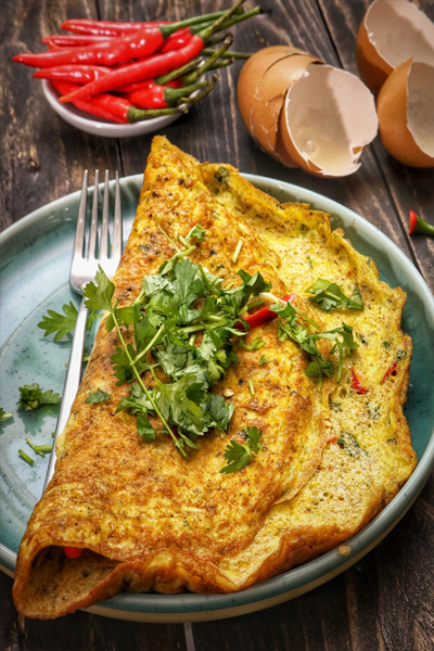 plate with large omelet and fork