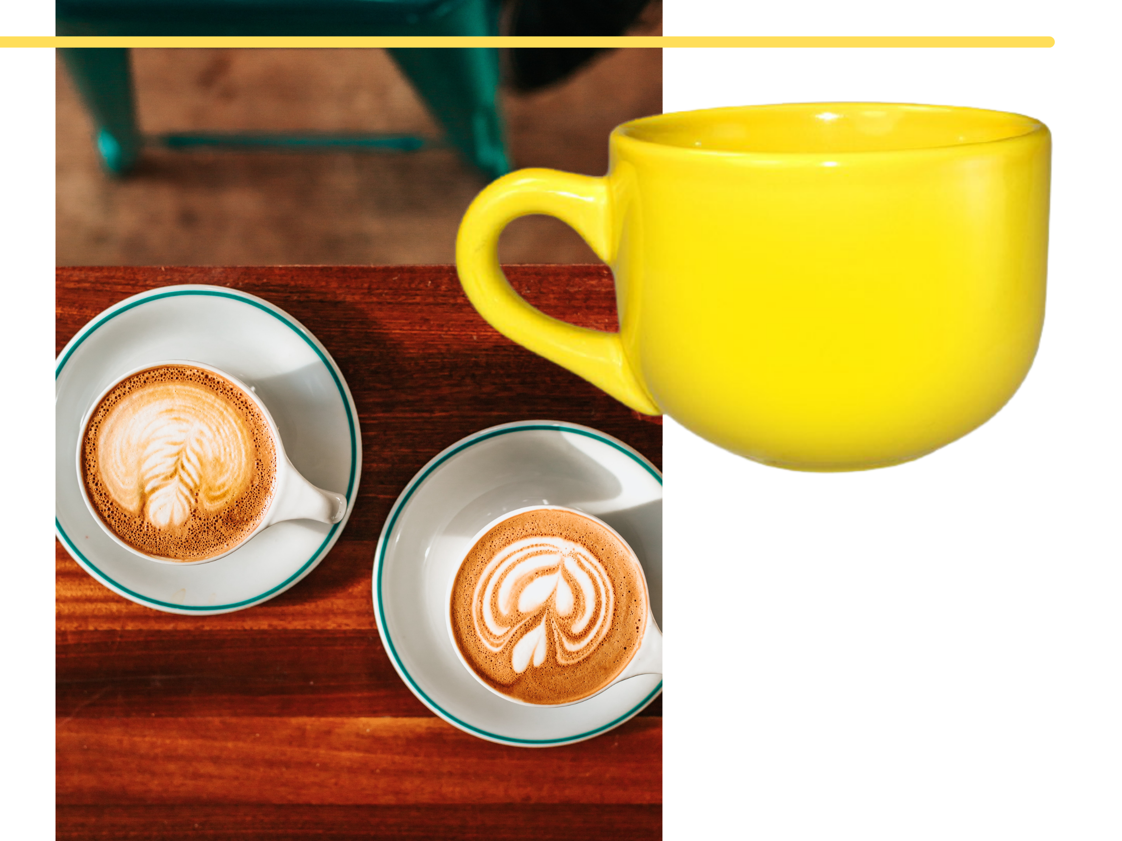 A yellow International Tableware Latte Cup displayed atop a photo of two lattes on a wooden table.