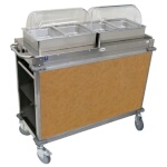 (Discontinued) Cadco CBC-HH-L1-4 - Junior Mobile Buffet Cart, (2) hot buffet servers, (2) drawers, Chestnut panels
