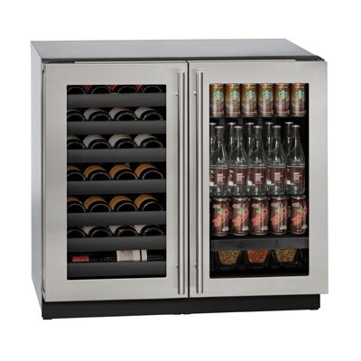 U-Line U-3036BVWCS-00B - Dual Temp Undercounter Refrigerator, 35-1/2'W, (2) glass doors 